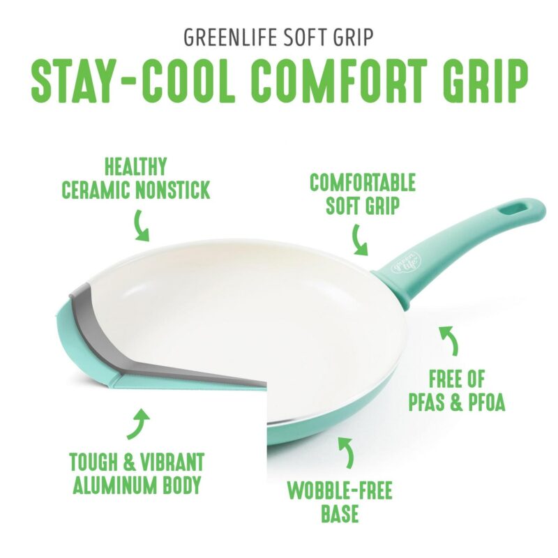GreenLife 18-Piece Soft Grip Toxin-Free Healthy Ceramic Non-Stick Cookware Set, Turquoise, Dishwasher Safe - Image 4