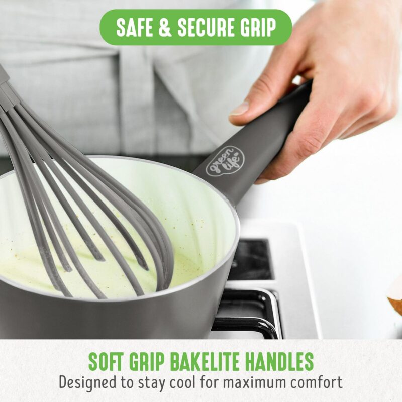 GreenLife 18-Piece Soft Grip Toxin-Free Healthy Ceramic Non-Stick Cookware Set, Gray, Dishwasher Safe - Image 7