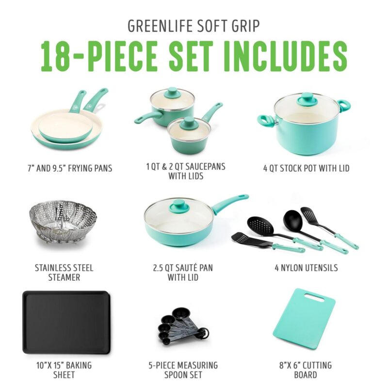 GreenLife 18-Piece Soft Grip Toxin-Free Healthy Ceramic Non-Stick Cookware Set, Turquoise, Dishwasher Safe - Image 5