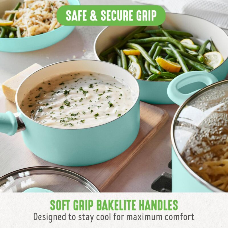 GreenLife 18-Piece Soft Grip Toxin-Free Healthy Ceramic Non-Stick Cookware Set, Turquoise, Dishwasher Safe - Image 7
