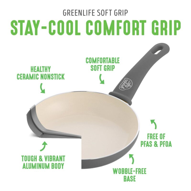 GreenLife 18-Piece Soft Grip Toxin-Free Healthy Ceramic Non-Stick Cookware Set, Gray, Dishwasher Safe - Image 4