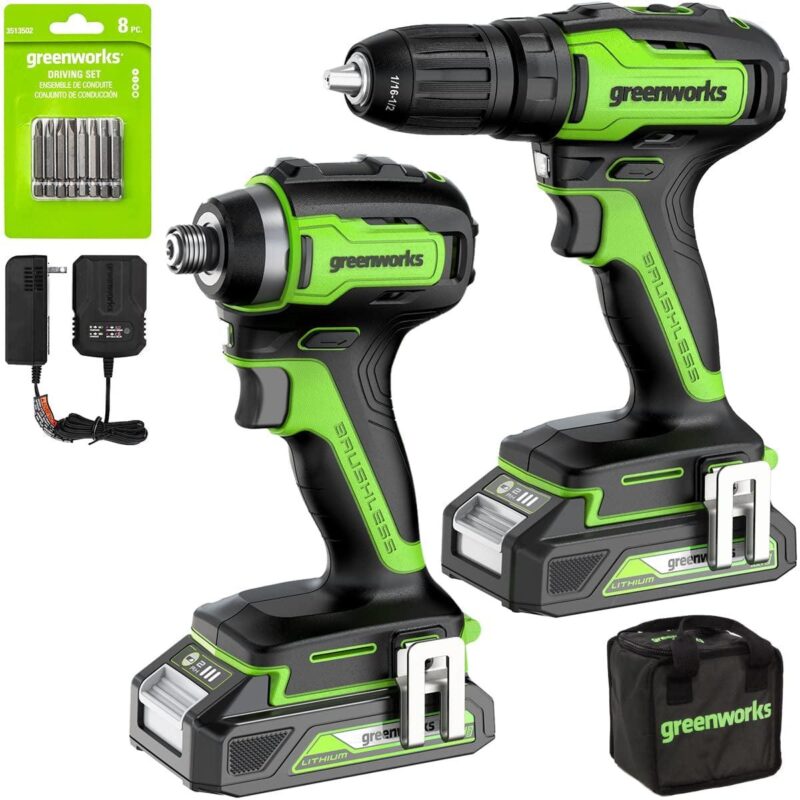 Greenworks 24V Brushless 1/2  Drill + 1/4  Impact Driver Combo Kit with (2) Batteries and Charger