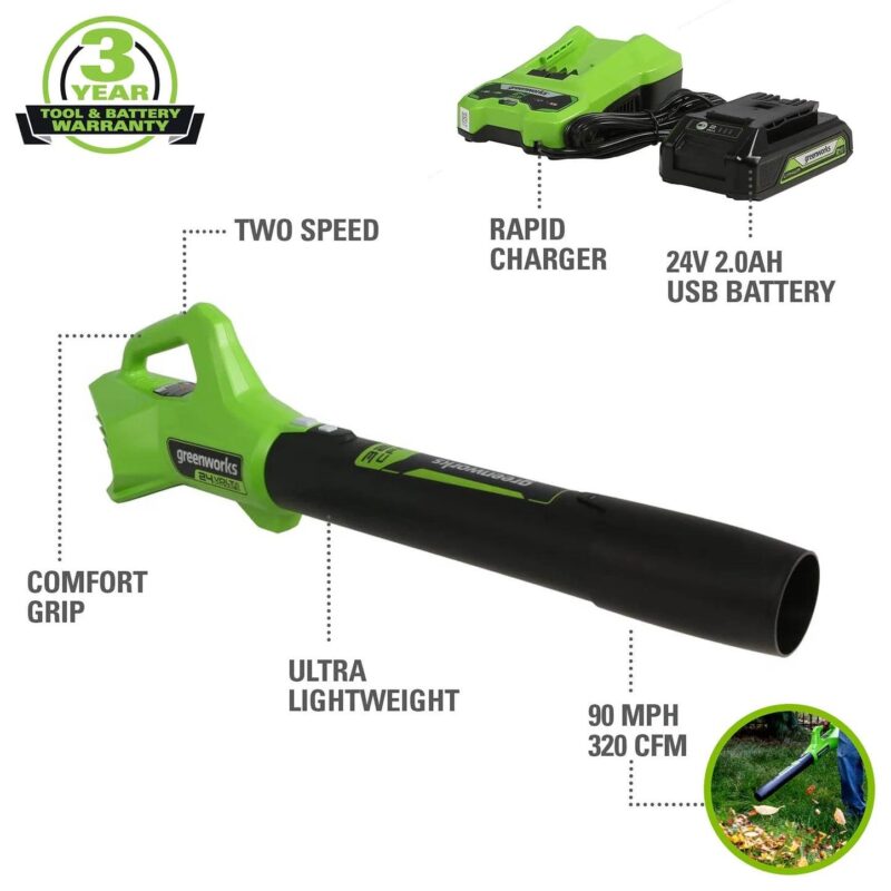 Greenworks 24V Cordless Axial Blower (90 Mph / 320 Cfm) with 2Ah USB Battery and Charger 2415702 - Image 2