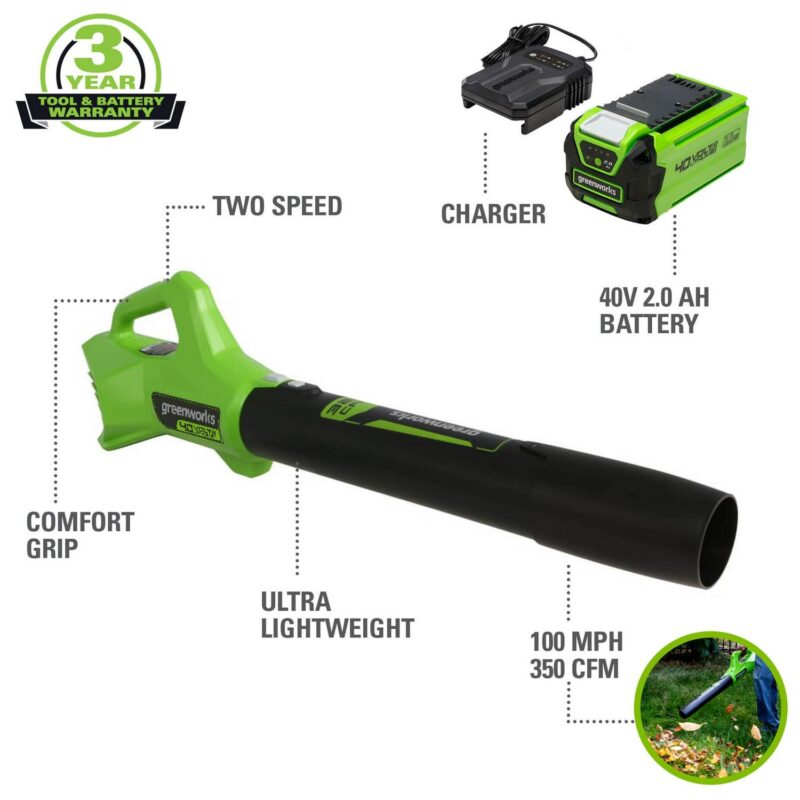 Greenworks 40V 350 CFM at 100 Mph Leaf Blower with 2.0 Ah Battery and Charger 2412002 - Image 2