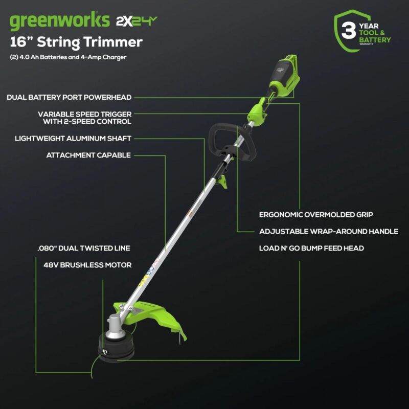Greenworks 48V (2x24V) 16  Brushless (Attachment Capable) String Trimmer with (2) 4Ah Batteries 2123402 - Image 2