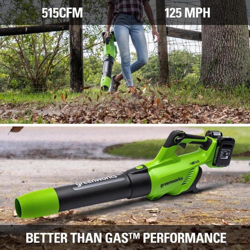 Greenworks 48V Brushless 515a CFM 125MPH Leaf Blower + 2 (24V) 2.0Ah Batteries and 4A Dual Port Charger - Image 5