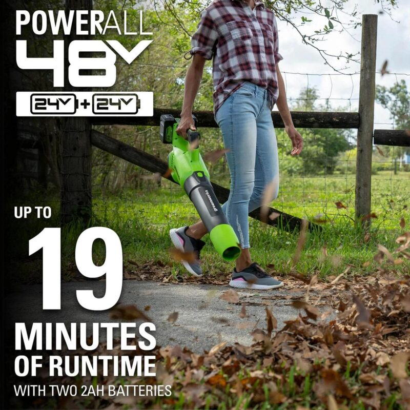 Greenworks 48V Brushless 515a CFM 125MPH Leaf Blower + 2 (24V) 2.0Ah Batteries and 4A Dual Port Charger - Image 4