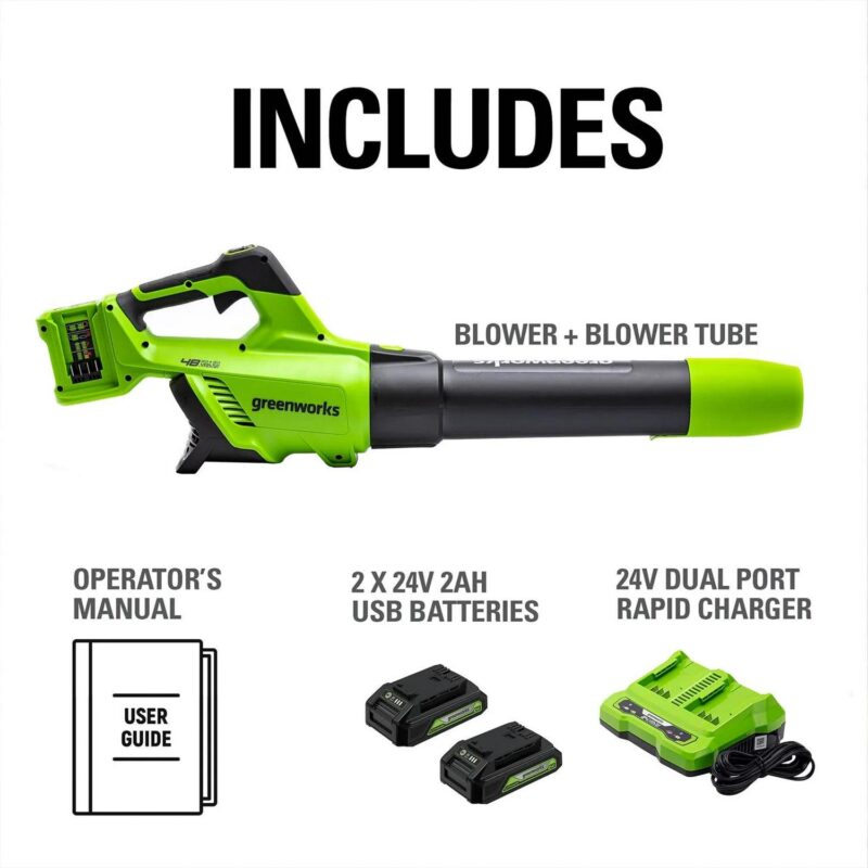 Greenworks 48V Brushless 515a CFM 125MPH Leaf Blower + 2 (24V) 2.0Ah Batteries and 4A Dual Port Charger - Image 3