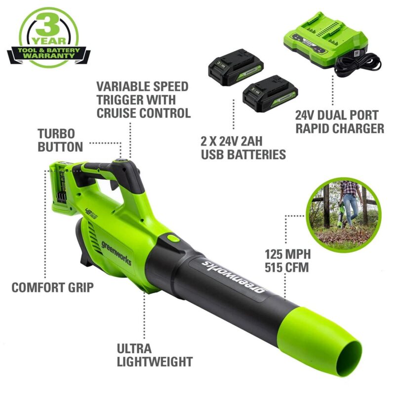 Greenworks 48V Brushless 515a CFM 125MPH Leaf Blower + 2 (24V) 2.0Ah Batteries and 4A Dual Port Charger - Image 2