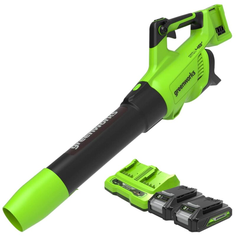 Greenworks 48V Brushless 515a CFM 125MPH Leaf Blower + 2 (24V) 2.0Ah Batteries and 4A Dual Port Charger
