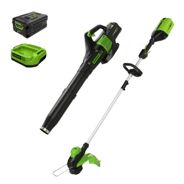 Greenworks 60V 13  String Trimmer and 125 MPH 450 CFM Leaf Blower Combo + 4Ah Battery and Charger