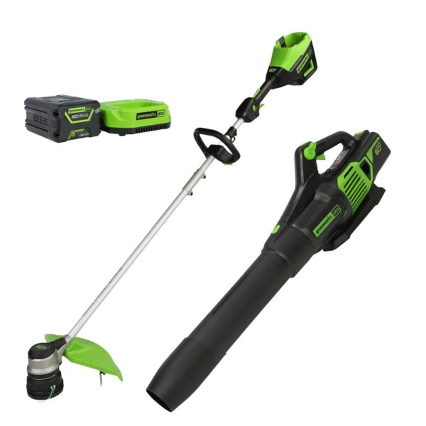 Greenworks 60V 16  Brushless String Trimmer, 610 CFM Leaf Blower Combo Kit, 2.5Ah Battery and Charger