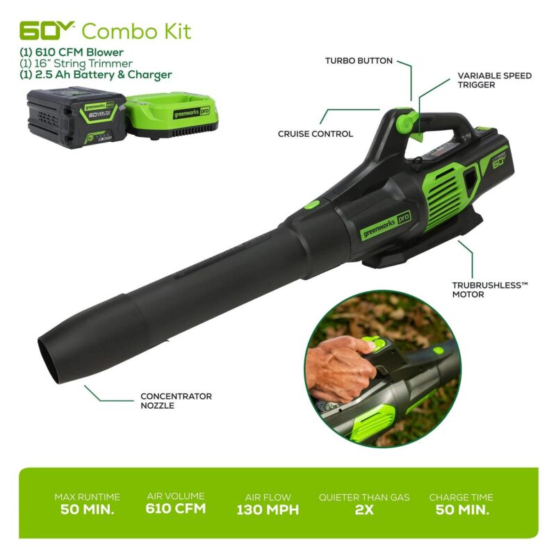 Greenworks 60V 16  Brushless String Trimmer, 610 CFM Leaf Blower Combo Kit, 2.5Ah Battery and Charger - Image 2
