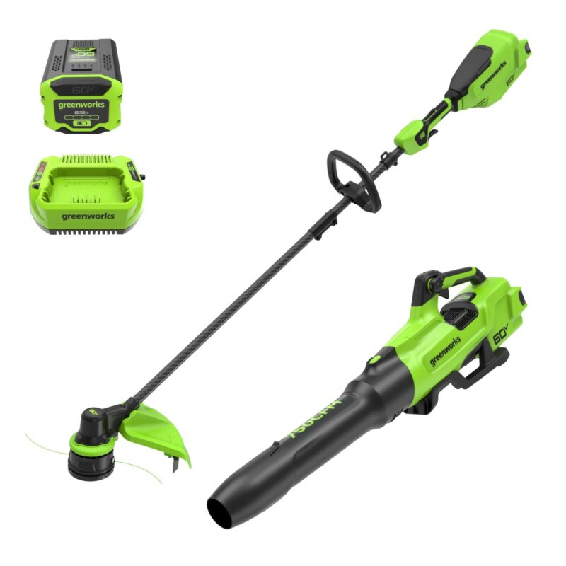 Greenworks 60V 16  Front Mount Carbon Fiber String Trimmer, 750 CFM at 180 mph Blower Kit + 2.5Ah Battery and 3A Charger