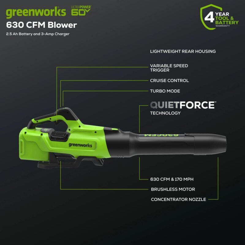 Greenworks 60V 16  String Trimmer and 630 CFM 170 MPH Blower Combo + 2.5Ah Battery, 3A Charger 1359802 - Image 3