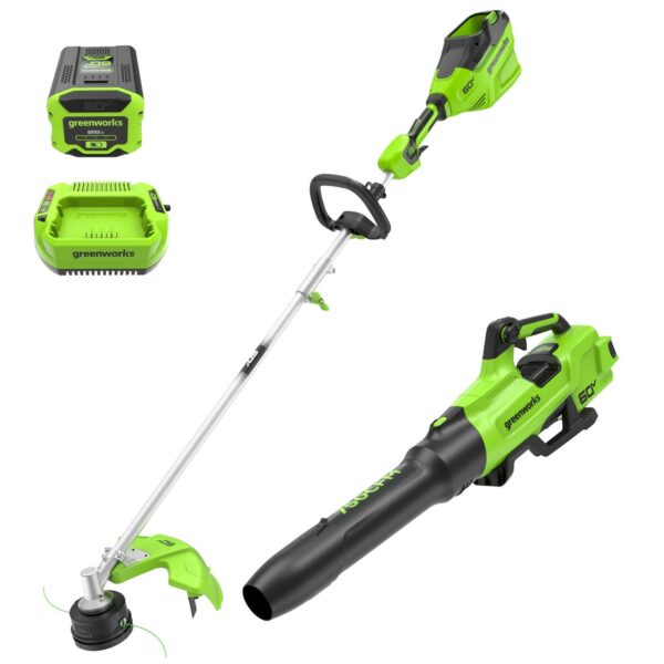 Greenworks 60V 16  String Trimmer and 750 cfm 180 mph Blower Combo + 2.5Ah Battery and Charger