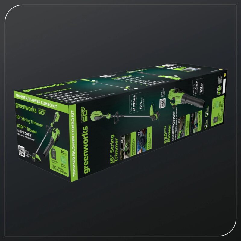 Greenworks 60V 16  String Trimmer and 630 CFM 170 MPH Blower Combo + 2.5Ah Battery, 3A Charger 1359802 - Image 4