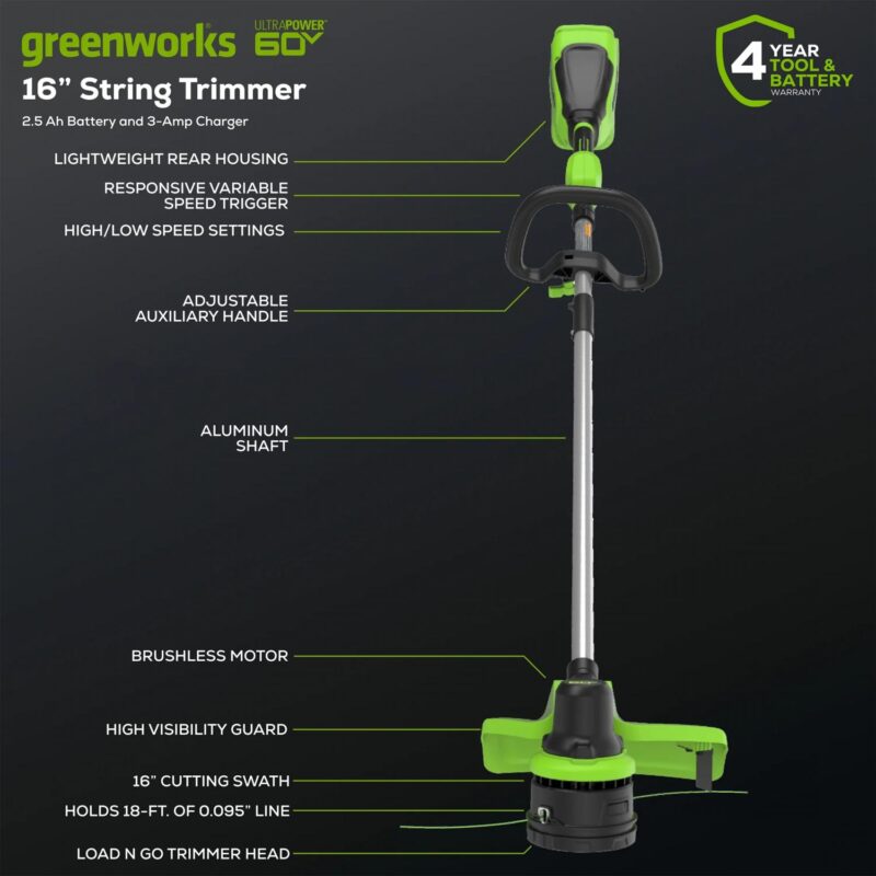 Greenworks 60V 16  String Trimmer and 630 CFM 170 MPH Blower Combo + 2.5Ah Battery, 3A Charger 1359802 - Image 2
