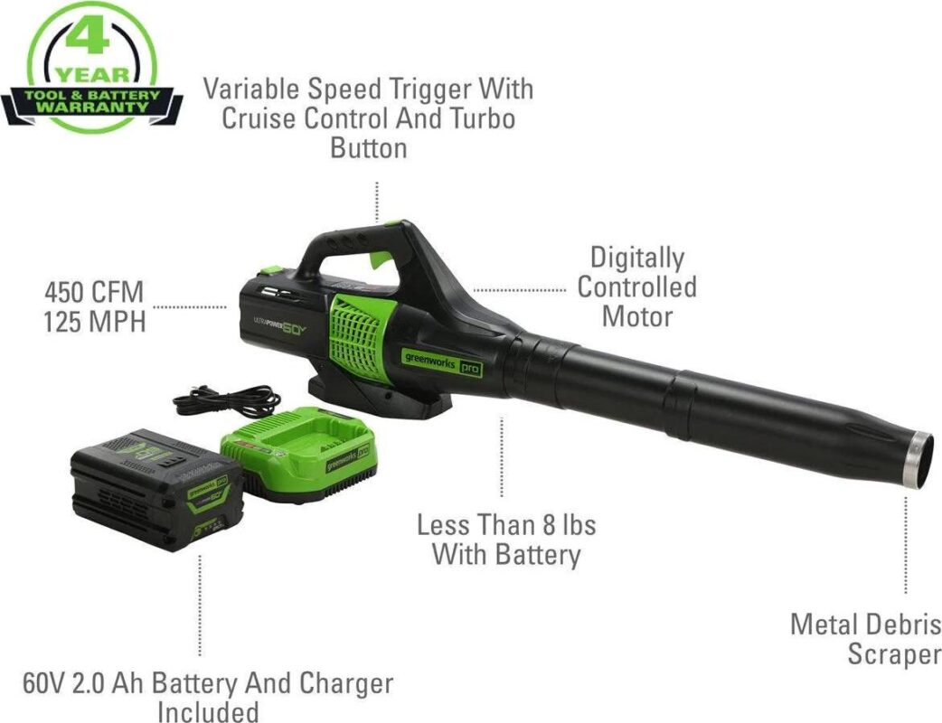 Greenworks 60V 450 CFM Cordless Battery Leaf Blower with 2.0Ah Battery and Charger - Image 2