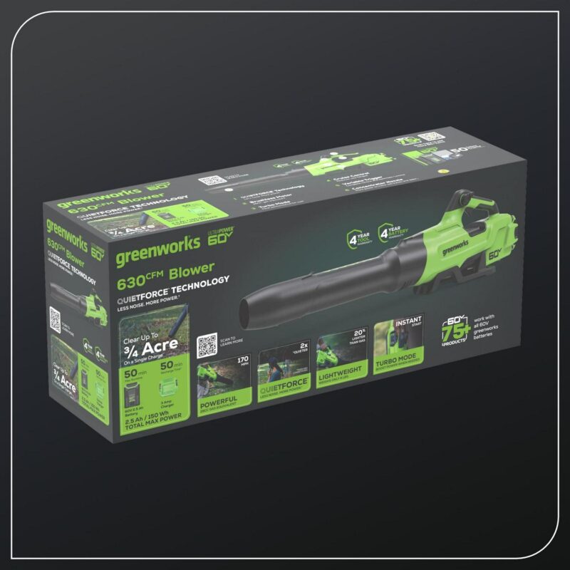 Greenworks 60V 630 CFM 170 MPH Leaf Blower with 2.5 Ah Battery and 3 Amp Charger 2429902 - Image 3