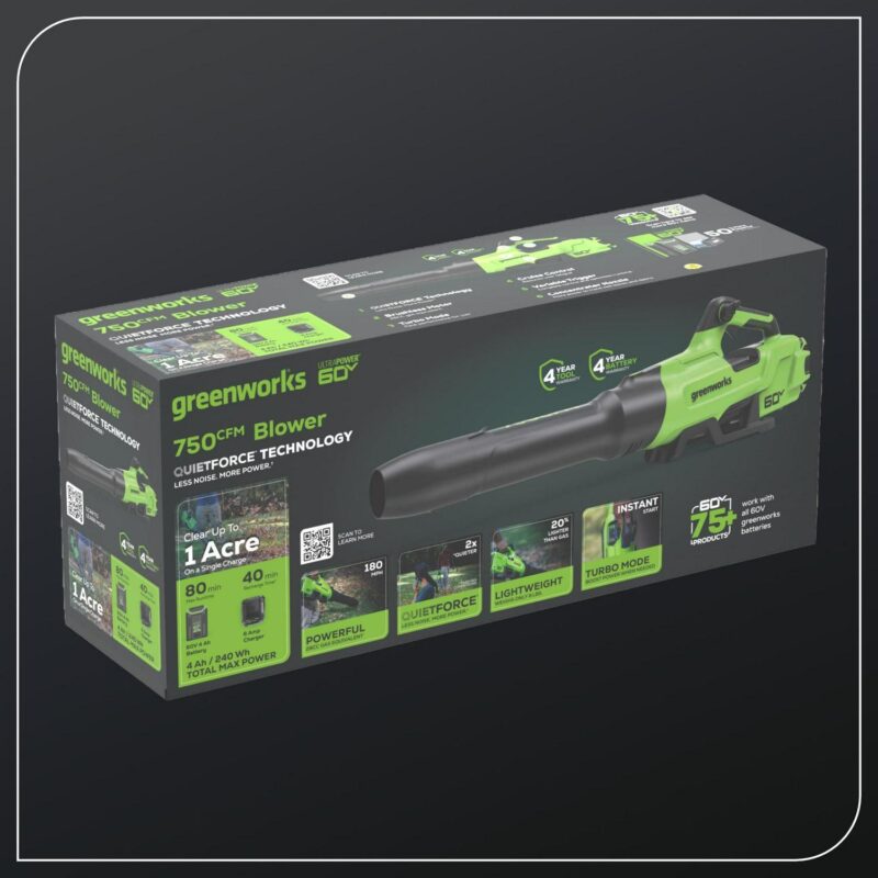Greenworks 60V 750 CFM 170 MPH Leaf Blower with 4.0 AH HC Battery and 6 Amp Charger 2429802 - Image 3