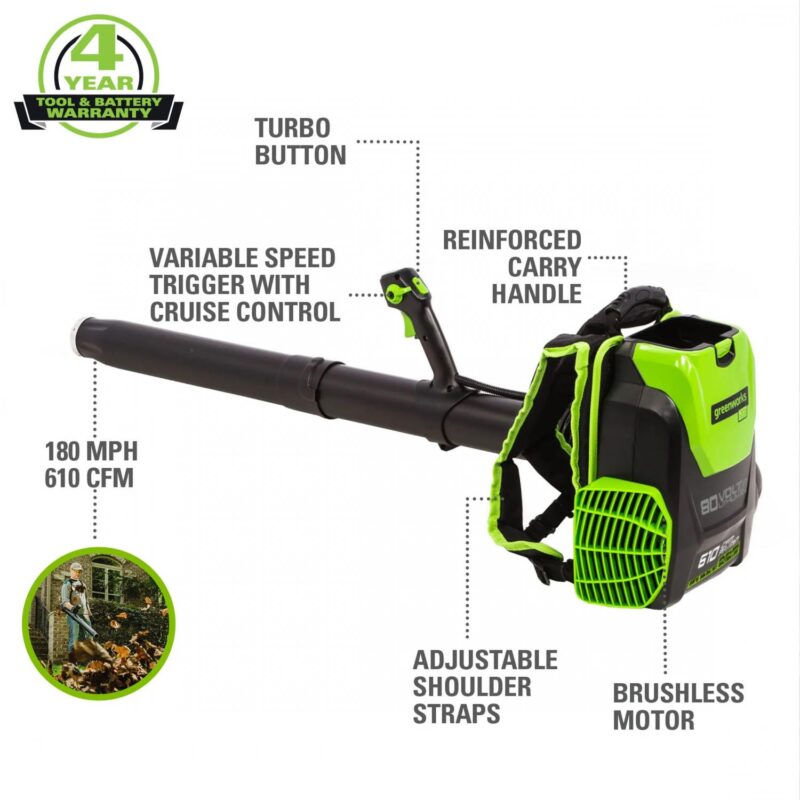 Greenworks 80V 580 CFM Cordless Brushless Backpack Blower, Battery Not Included, 2403802 - Image 2