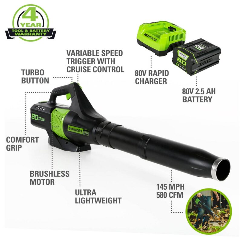 Greenworks 80V 580 Cfm at 145 Mph Brushless Leaf Blower with 2.5 Ah Battery and Charger 2404602 - Image 2