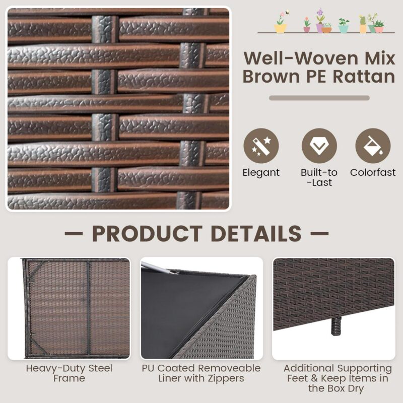 Gymax 133 Gallon Outdoor PE Wicker Storage Box Mix Brown Rattan Deck w/ Waterproof Liner - Image 8