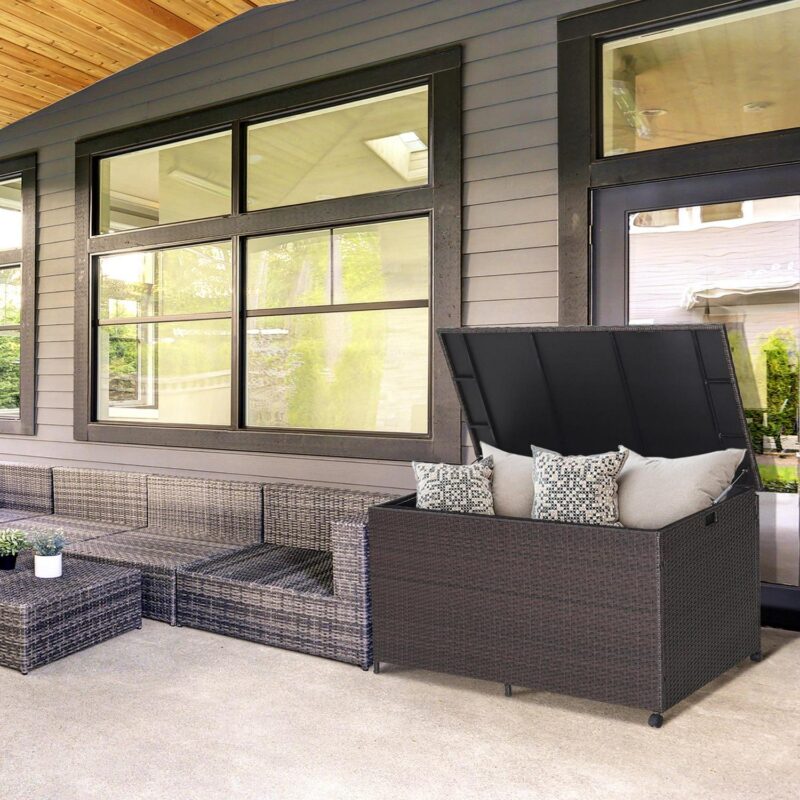 Gymax 133 Gallon Outdoor PE Wicker Storage Box Mix Brown Rattan Deck w/ Waterproof Liner - Image 3