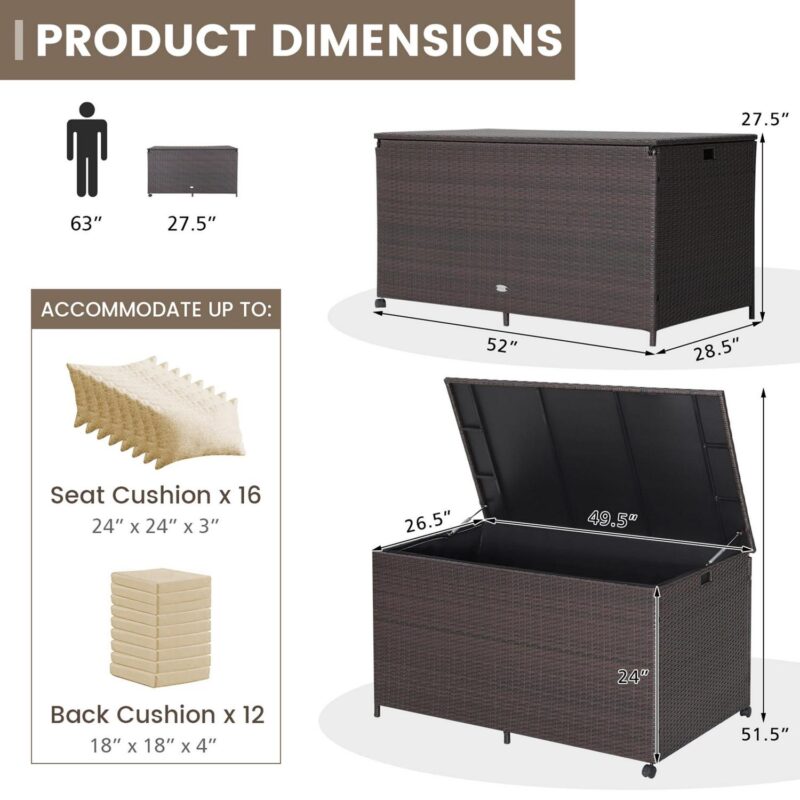 Gymax 133 Gallon Outdoor PE Wicker Storage Box Mix Brown Rattan Deck w/ Waterproof Liner - Image 2