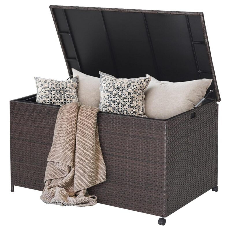 Gymax 133 Gallon Outdoor PE Wicker Storage Box Mix Brown Rattan Deck w/ Waterproof Liner - Image 9