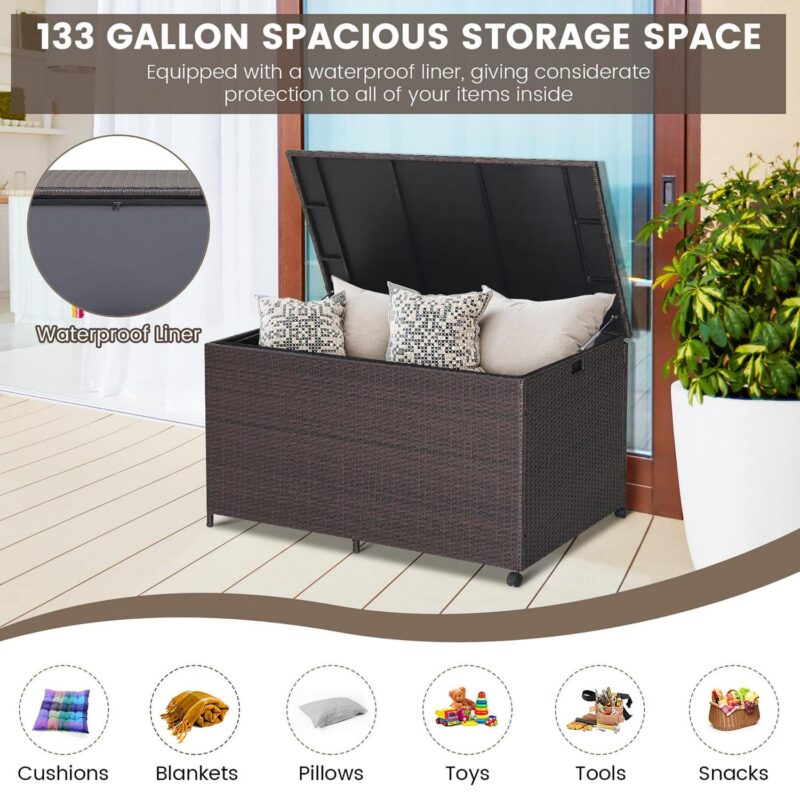 Gymax 133 Gallon Outdoor PE Wicker Storage Box Mix Brown Rattan Deck w/ Waterproof Liner - Image 4