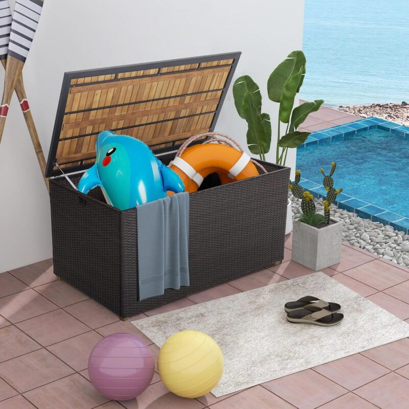 Gymax 134 Gallon Patio Wicker Storage Deck Box w/ Solid Acacia Wood Backyard - Image 3