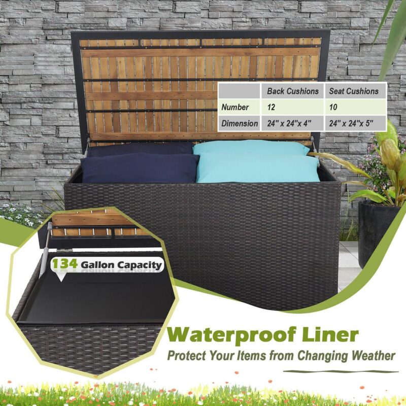 Gymax 134 Gallon Patio Wicker Storage Deck Box w/ Solid Acacia Wood Backyard - Image 6