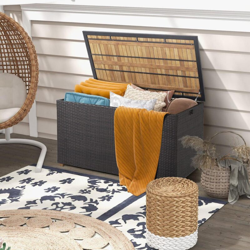 Gymax 134 Gallon Patio Wicker Storage Deck Box w/ Solid Acacia Wood Backyard - Image 4