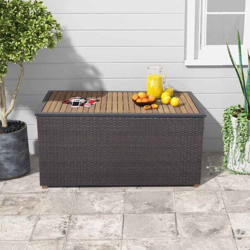 Gymax 134 Gallon Patio Wicker Storage Deck Box w/ Solid Acacia Wood Backyard - Image 5