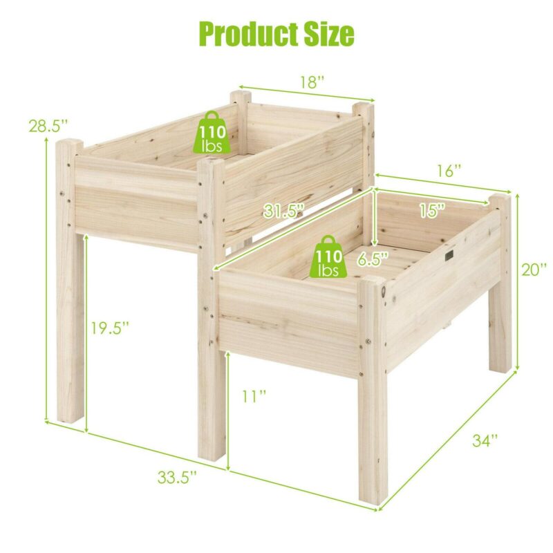 Gymax 2 Tier Wooden Raised Garden Bed Elevated Planter Box w/Legs Drain Holes - Image 2