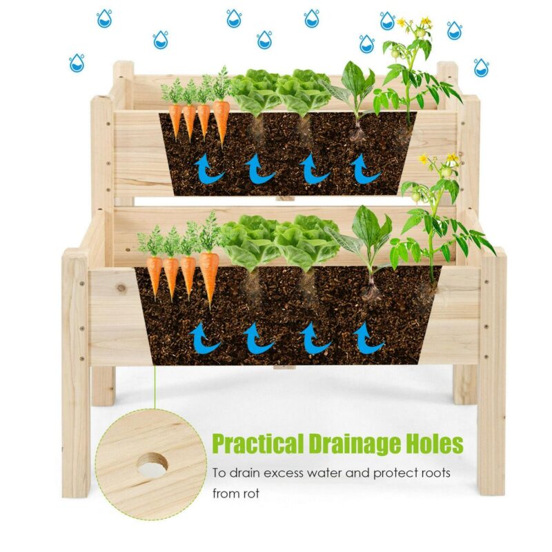 Gymax 2 Tier Wooden Raised Garden Bed Elevated Planter Box w/Legs Drain Holes - Image 9
