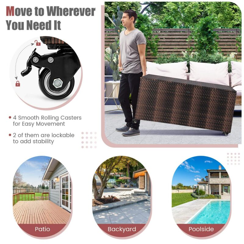 Gymax 2-in-1 PE Wicker Outdoor Storage Box Furniture Deck Box Garden Tools Mix Brown - Image 8
