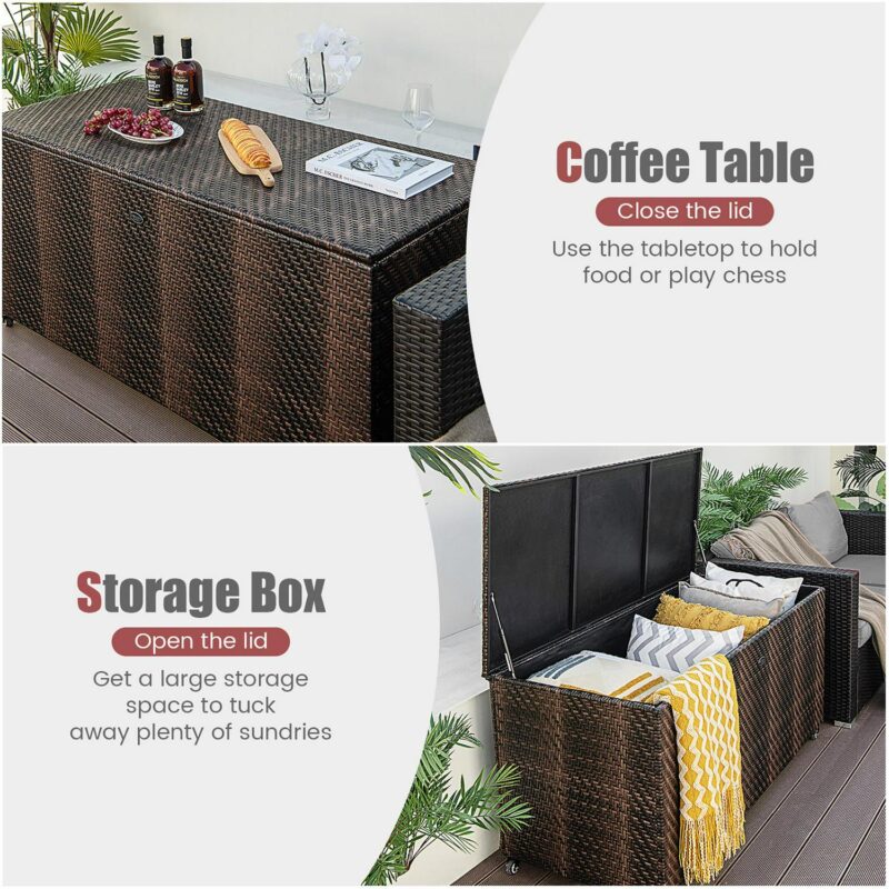 Gymax 2-in-1 PE Wicker Outdoor Storage Box Furniture Deck Box Garden Tools Mix Brown - Image 9