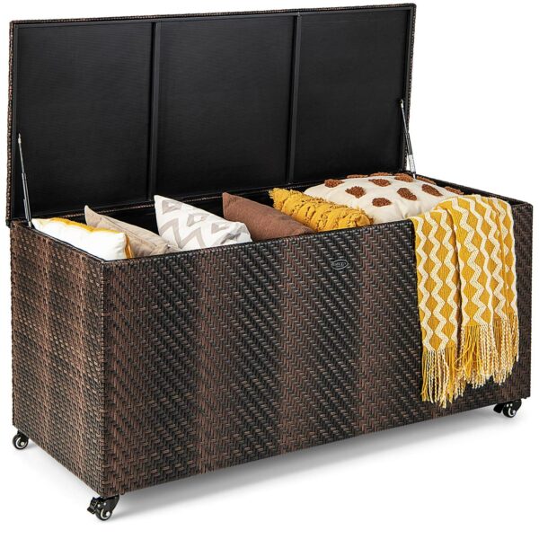 Gymax 2-in-1 PE Wicker Outdoor Storage Box Furniture Deck Box Garden Tools Mix Brown