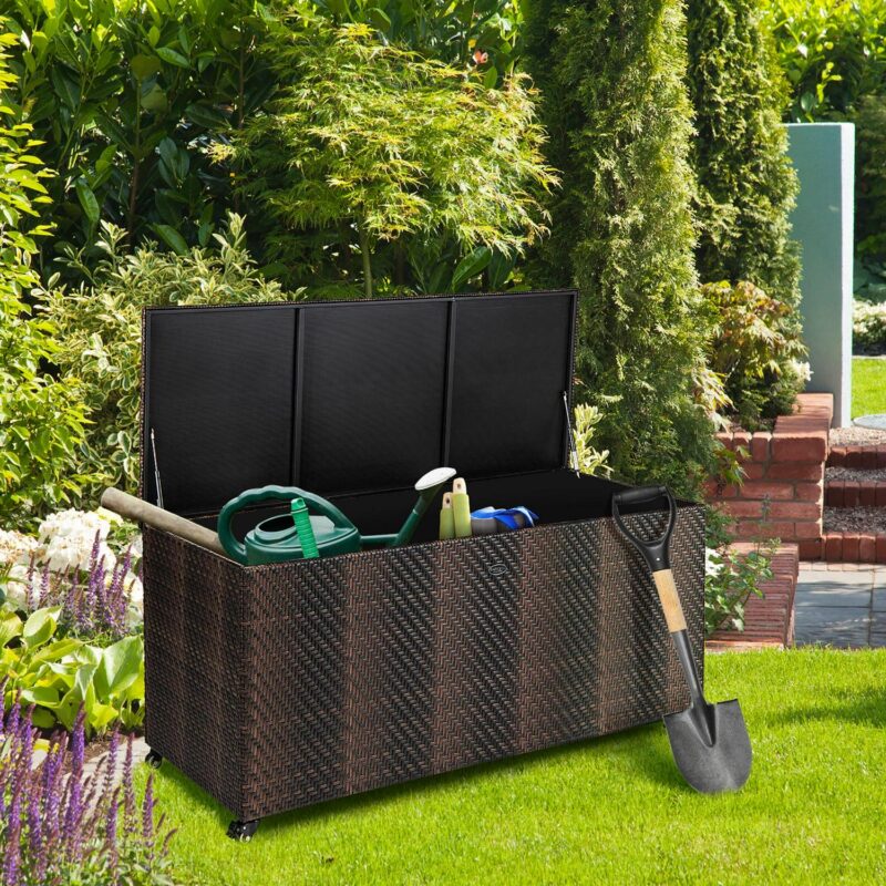 Gymax 2-in-1 PE Wicker Outdoor Storage Box Furniture Deck Box Garden Tools Mix Brown - Image 3