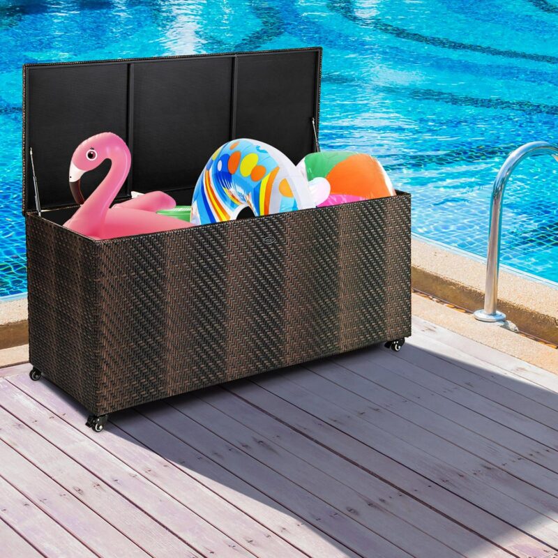 Gymax 2-in-1 PE Wicker Outdoor Storage Box Furniture Deck Box Garden Tools Mix Brown - Image 4