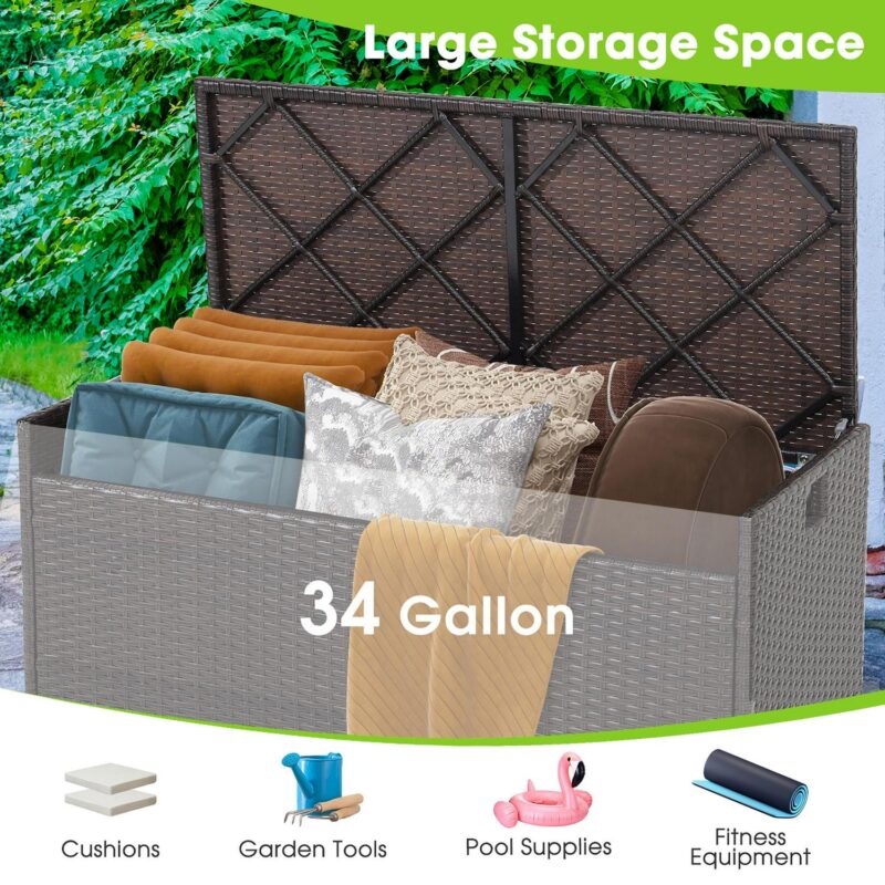Gymax 34 Gallon Outdoor Storage Patio Bench Patio Wicker Deck Box w/ Off White Cushion - Image 10