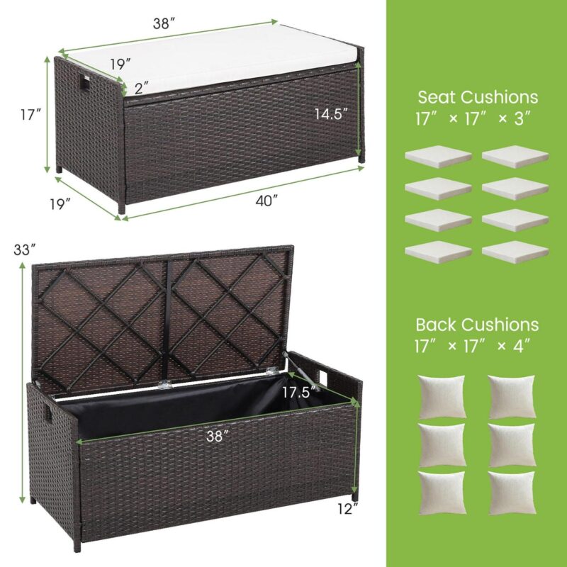 Gymax 34 Gallon Outdoor Storage Patio Bench Patio Wicker Deck Box w/ Off White Cushion - Image 2