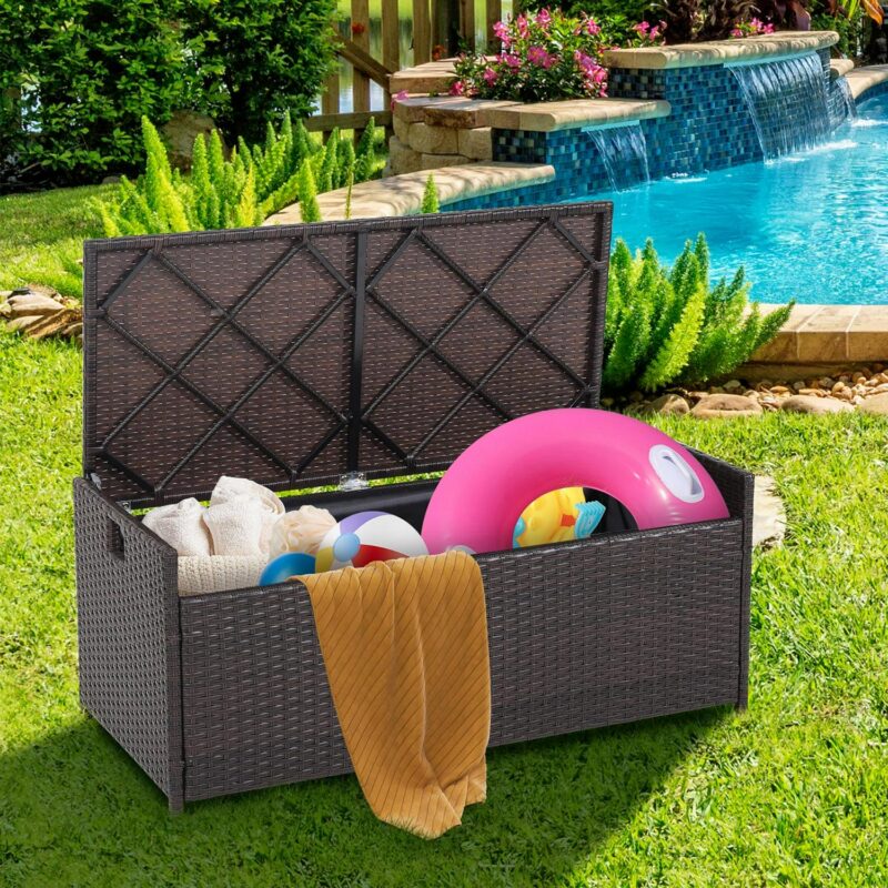 Gymax 34 Gallon Outdoor Storage Patio Bench Patio Wicker Deck Box w/ Off White Cushion - Image 4