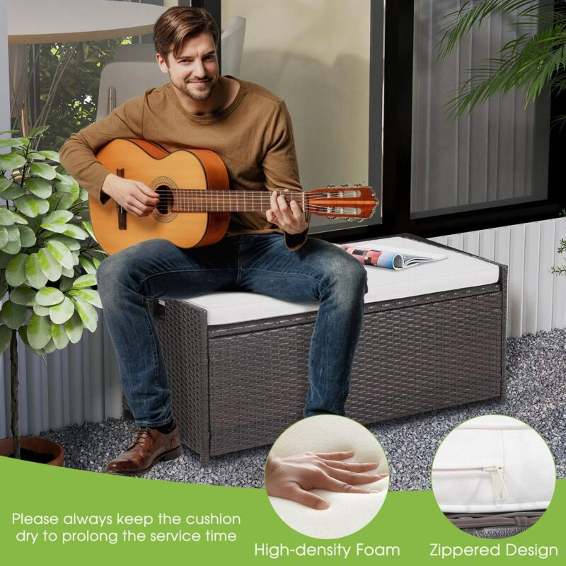 Gymax 34 Gallon Outdoor Storage Patio Bench Patio Wicker Deck Box w/ Off White Cushion - Image 8