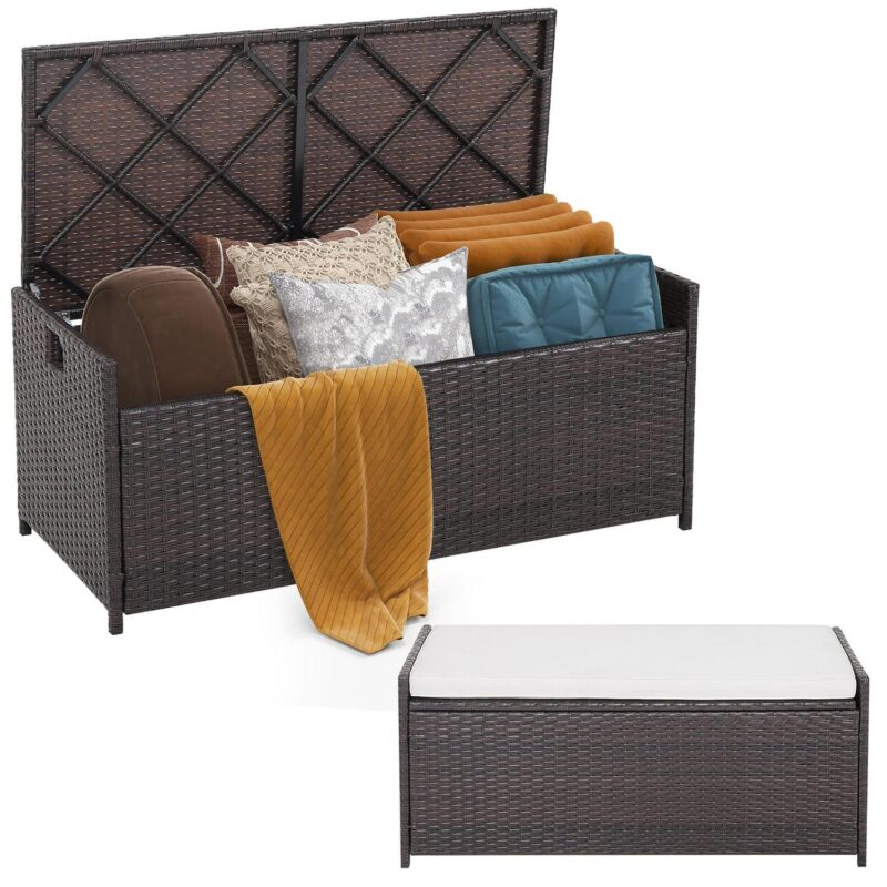 Gymax 34 Gallon Outdoor Storage Patio Bench Patio Wicker Deck Box w/ Off White Cushion