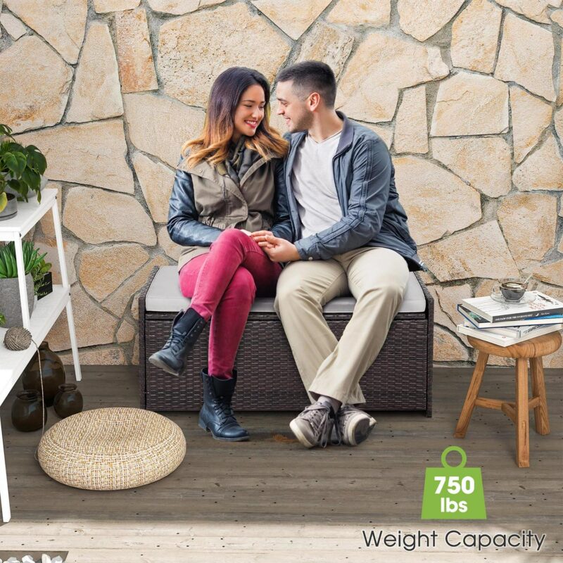 Gymax 34 Gallon Outdoor Storage Patio Bench Patio Wicker Deck Box w/ Off White Cushion - Image 9