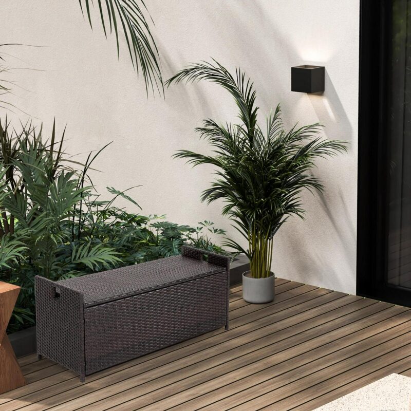 Gymax 34 Gallon Outdoor Storage Patio Bench Patio Wicker Deck Box w/ Off White Cushion - Image 3